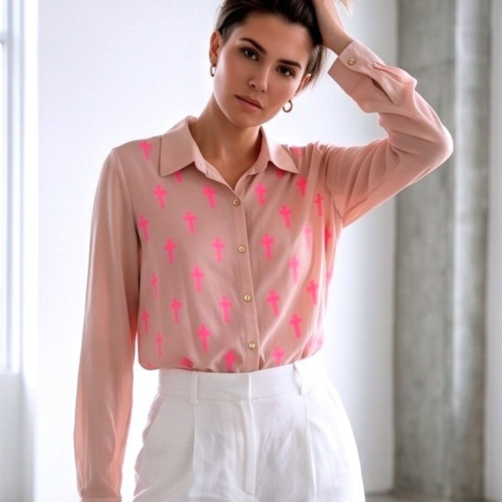 Charlotte Russe XL Pink Neon Cross Print Button Down Shirt Faith Crosses NWT